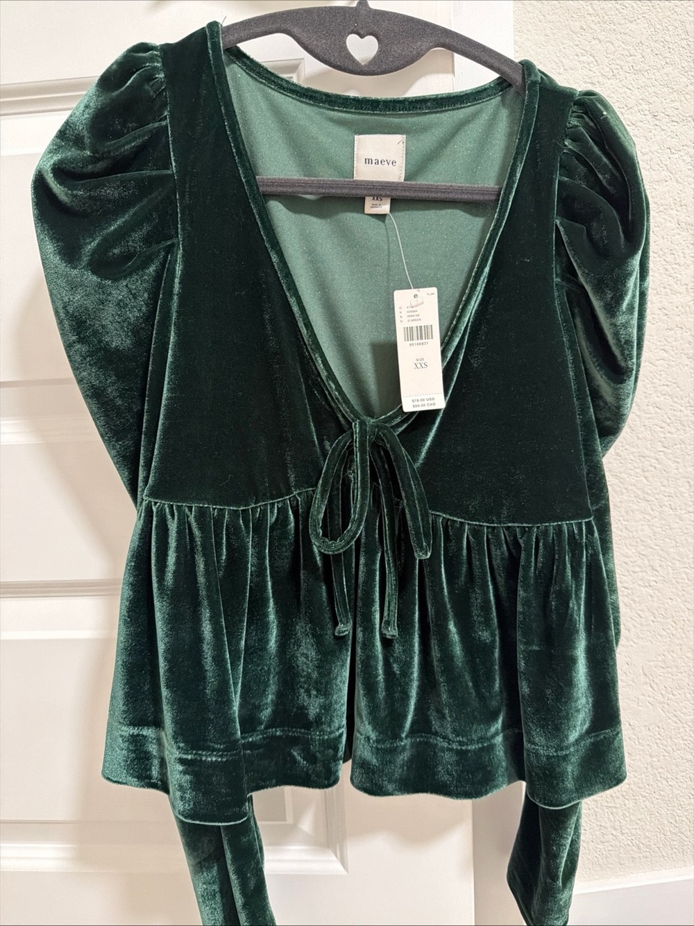 Maeve Dark Emerald Velvet Tie-Front babydoll peplum Blouse long sleeve